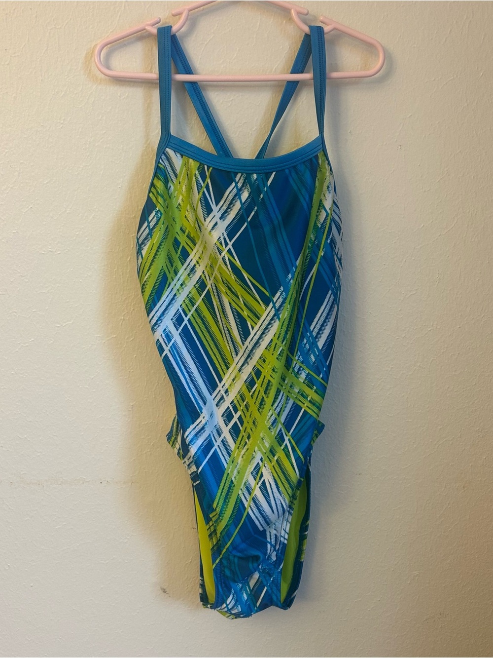 Speedo swimsuit size 28 (XXS/ girls 12) blue & Lime Crisscross Swimsuit